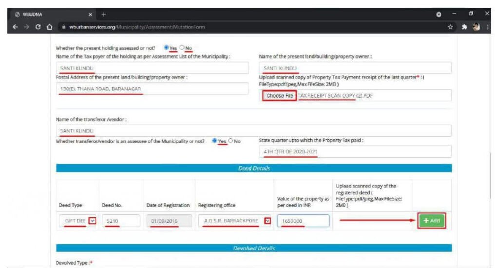 bidhannagar municipal corporation online mutation - step - 6 continue 8